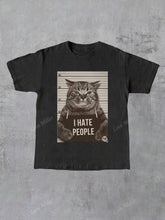 Cat Letter Print Round Neck Short Sleeve T-Shirt